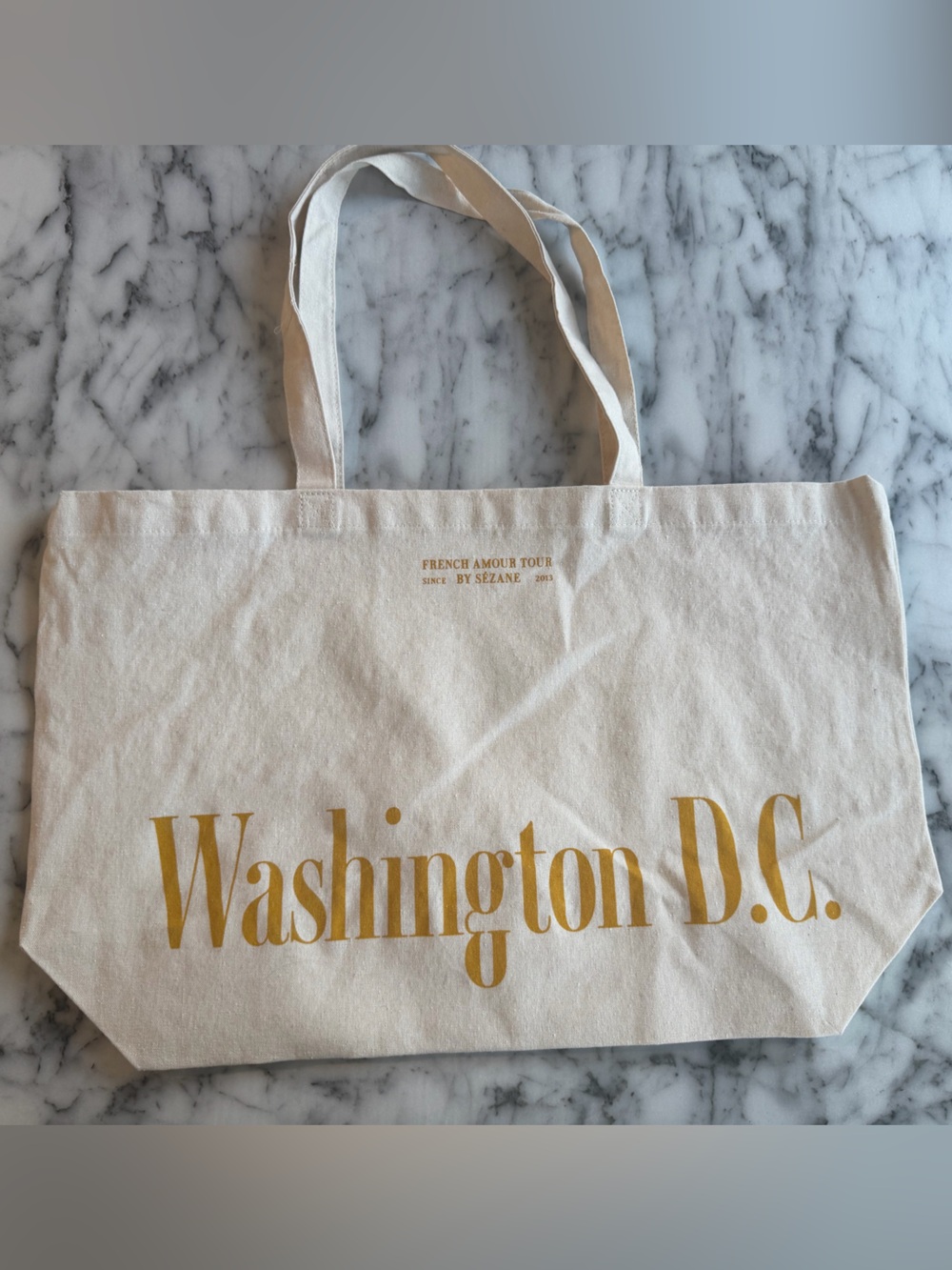 Sezane 2026 Canvas Tote Bag - Paris & D.C. in Yellow / Gold Print - NWT